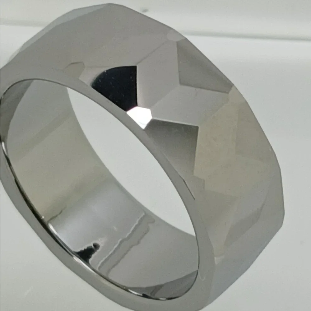 Vintage Tungsten Faceted Geometric Band Ring Silver 8mm Size 9.75 1990s Y2K NOS